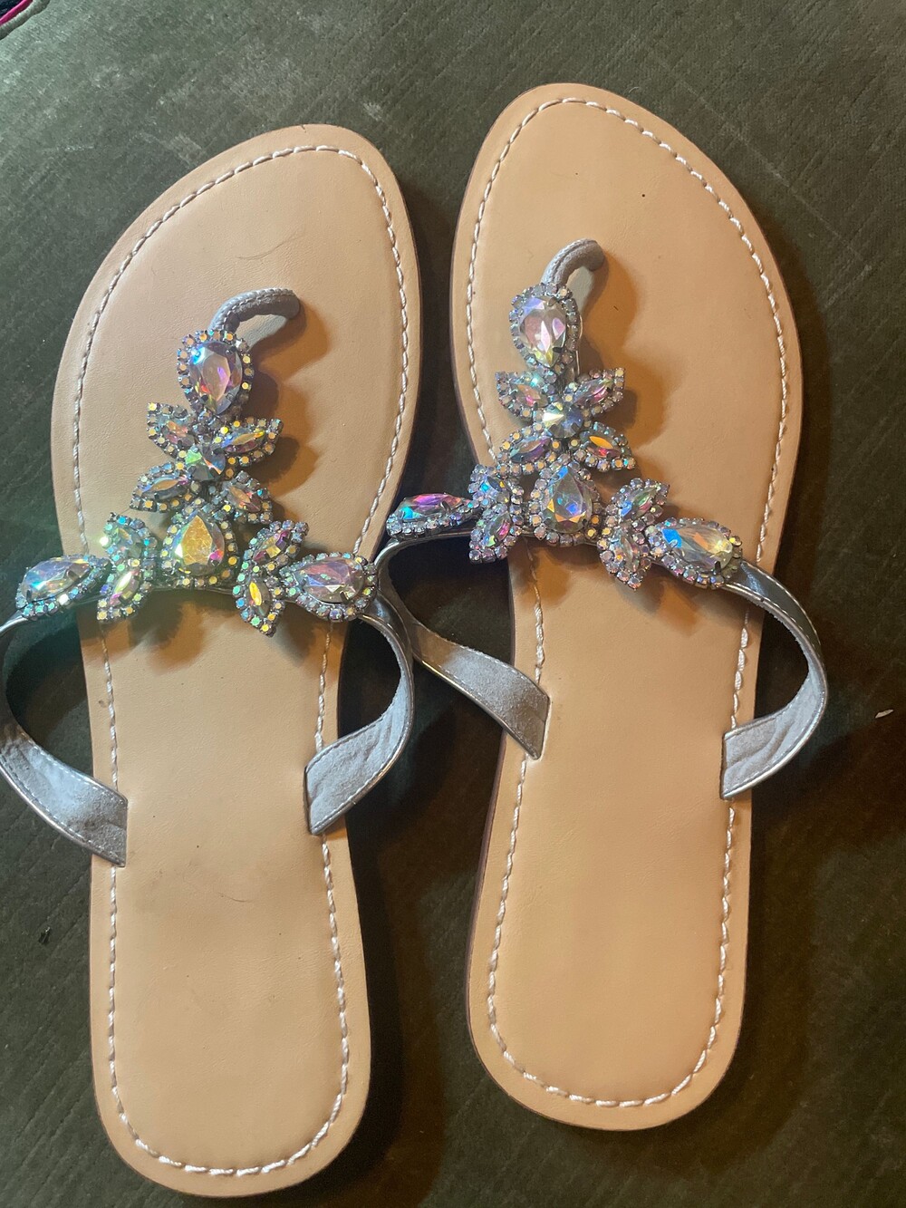 9.5 Women's bridal formal crystal Rhinestone Flat Thong Sandals Silver Jeweled S
